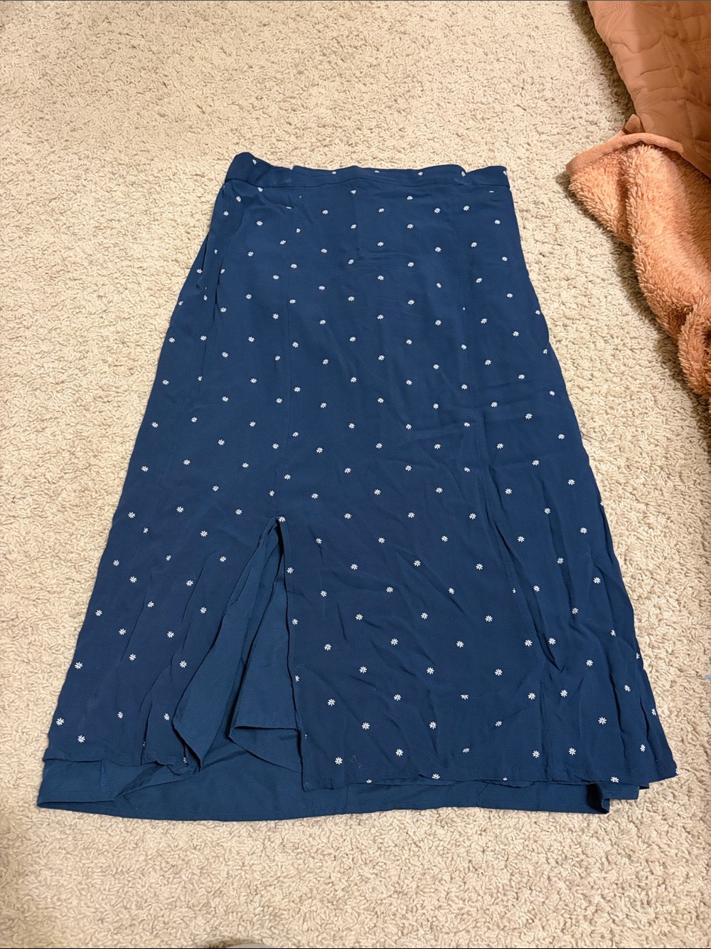 Navy Blue Midi Skirt with White Flower Print
